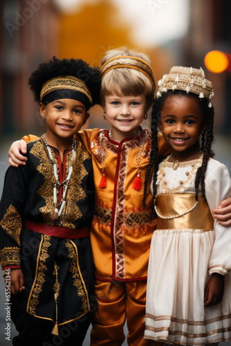 Multicultural children in traditional attire holding hands on Human Solidarity Day 