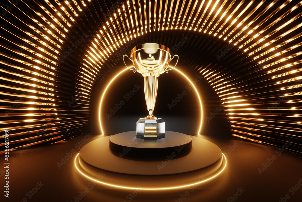 Gold award, winner's cup on the podium against a background of golden decorations. Concept winner, award, competition, show, competition, black and gold luxury style. 3D illustration, 3D render. - obrazy, fototapety, plakaty 