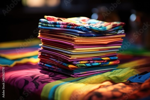 close-up of a stack of colorful plates and napkins