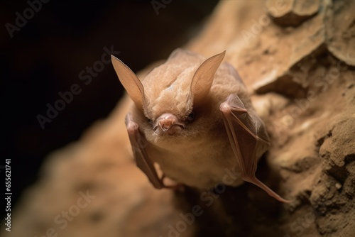 A bat hanging upside down on a rock