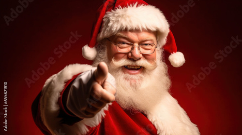 uśmiechnięty Święty Mikołaj w okularach wskazujący w ekran, izolowany na ciemnym tle, Boże Narodzenie smiling Santa Claus pointing at the screen, on a dark background, Christmas - AI Generated