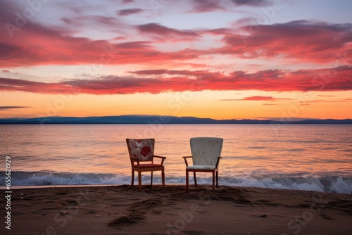 two empty chairs facing sunset on a beach © Alfazet Chronicles