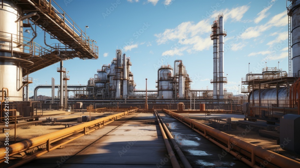 Oil and gas processing plant with pipe line valves. Industrial zone, Steel pipelines and valves blue sky. Oil pipeline valves in the oil and gas industry