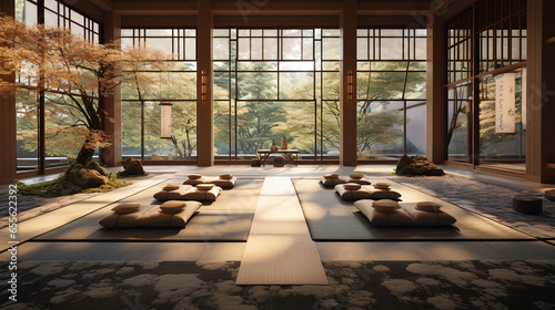 Japanese Meditation Room with Tatami Mats and Zabuton Pillows photo