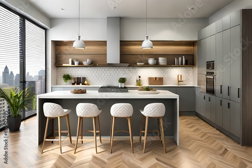 Kitchen with gray and white honeycomb wall tiles and wooden worktops