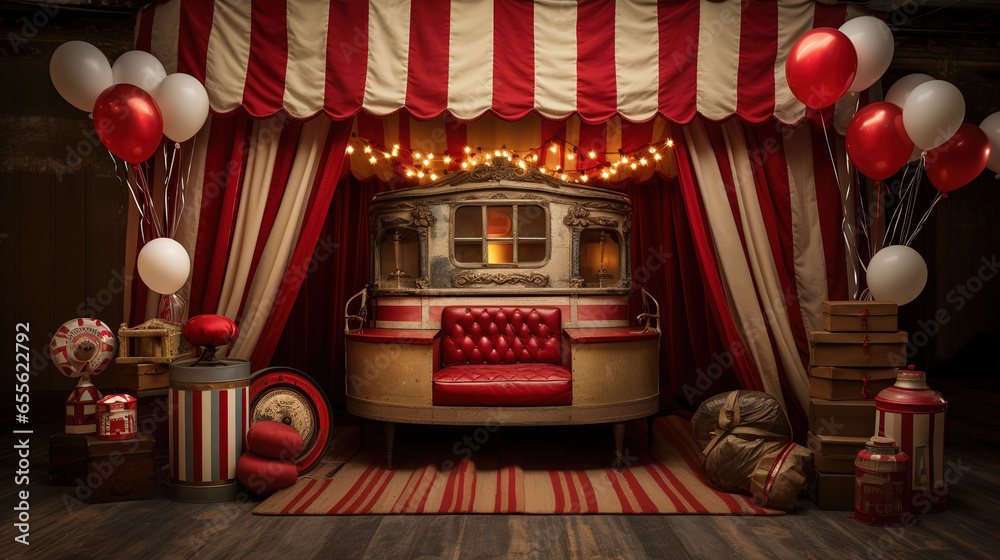 Circus Booth for Photo Booth with Decorative Object and Comfortable Seating