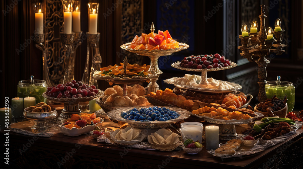 Arabic Desserts, Traditional Middle Eastern Sweets with Pastries and Ornate Silver Trays