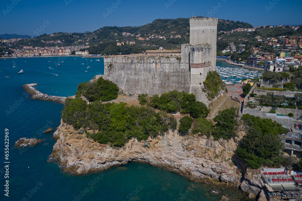 Aerial view of Lerici Castle. Italian resorts on the Ligurian coast aerial view. Vivid beautiful town Lerici in Liguria, Italy. Yachts and boats.