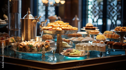 Arabic Desserts, Traditional Middle Eastern Sweets with Pastries and Ornate Silver Trays