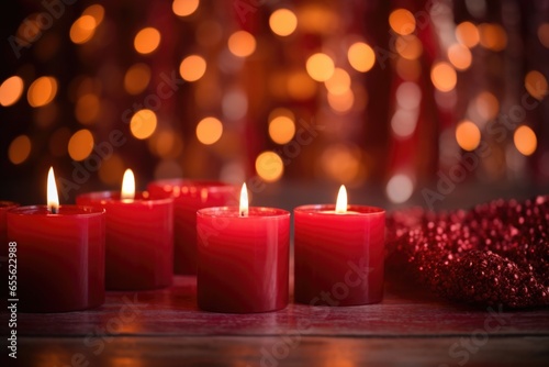 red candles burning against a background of blurred fairy lights