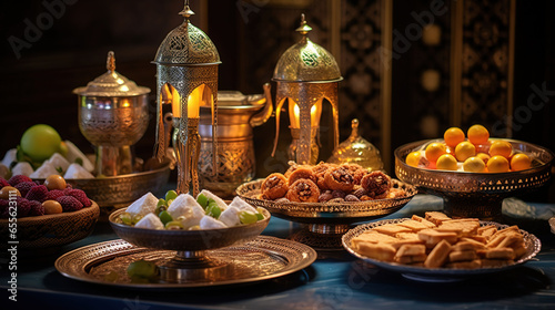 Sweet Traditional Arabic Desserts with Pastries and Ornate Silver Trays