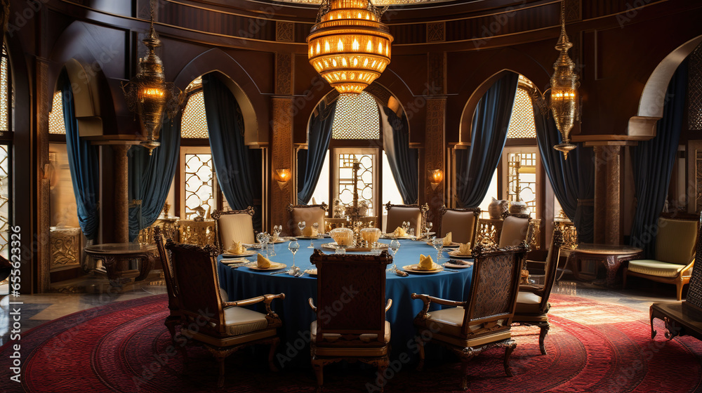 Luxurious Arabicstyle Dining Room with Large Round table and Soft