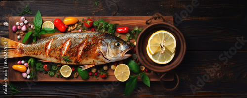traditional fried fish with vegetable and lemon top view on wooden board.