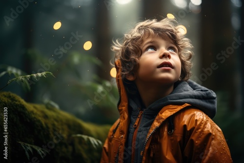 Child looking at the world with wide-eyed wonder in a dense forest - Discovery - AI Generated