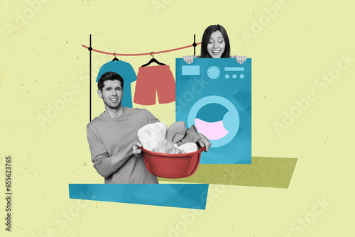 3d retro abstract creative artwork template collage of funny young female cleaner service washing machine doing laundry home tidy up photo