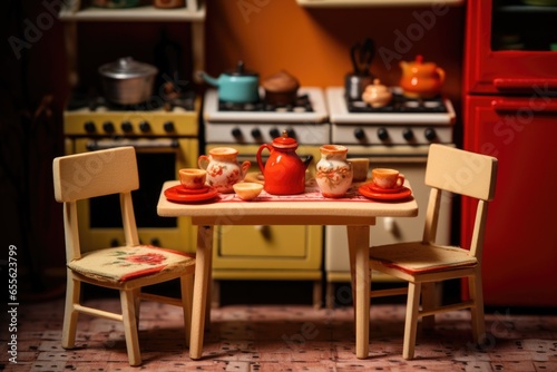 a miniature-sized dining set in a toy kitchen