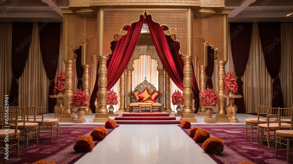 A Traditional Indian Wedding Mandap with Decorated and Bright Fabrics - obrazy, fototapety, plakaty 