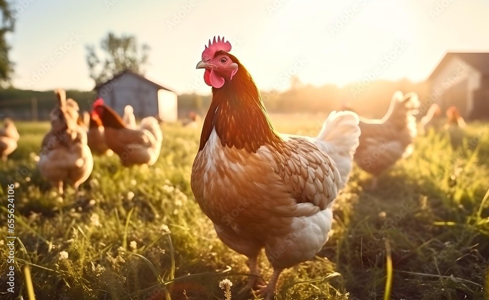 Hen with chickens outdoors on a pasture in the sun. Organic poultry farm. nature farming. - obrazy, fototapety, plakaty 