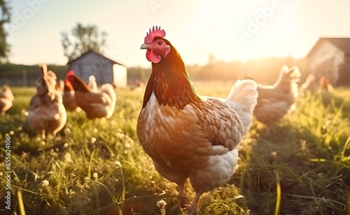 Hen with chickens outdoors on a pasture in the sun. Organic poultry farm. nature farming.
