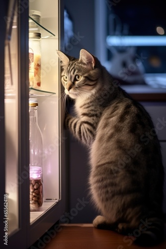 A pet cat is looking through the Fridge in search of tasty food. Humanization of pets. concept of animals imitating a human.