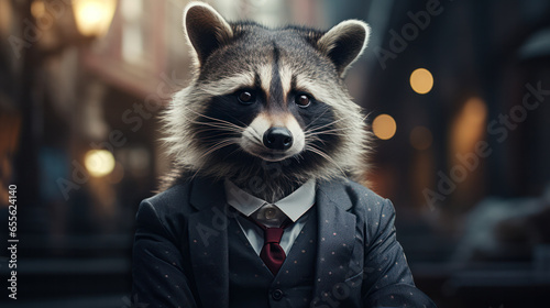 A raccoon dressed as a businessman, representing the business world as a wilderness of wild animals, Generative AI