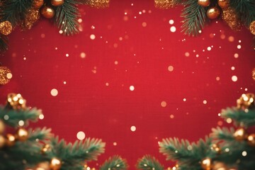 Christmas background with xmas tree and sparkle bokeh lights on red canvas background. Merry christmas card. Winter holiday theme. Happy New Year. Space for text. generative ai.