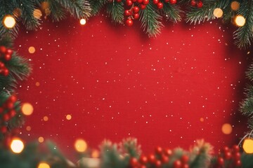 Christmas background with xmas tree and sparkle bokeh lights on red canvas background. Merry christmas card. Winter holiday theme. Happy New Year. Space for text. generative ai.