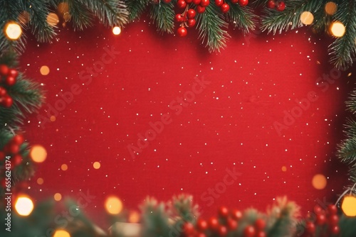 Christmas background with xmas tree and sparkle bokeh lights on red canvas background. Merry christmas card. Winter holiday theme. Happy New Year. Space for text. generative ai.