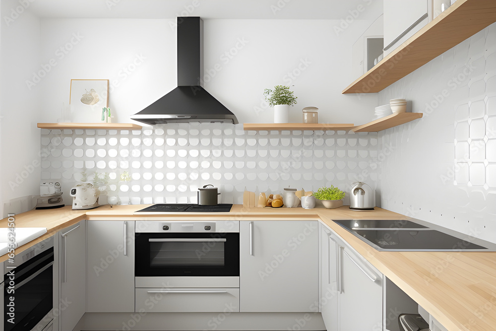 Fototapeta premium Kitchen with gray and white honeycomb wall tiles and wooden worktops. Modern kitchen interior. Template