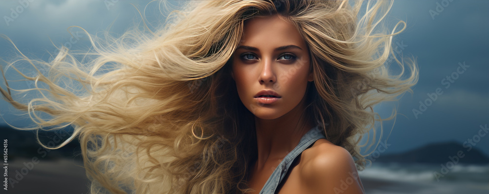 Blonde woman with beautiful hair on interior background.