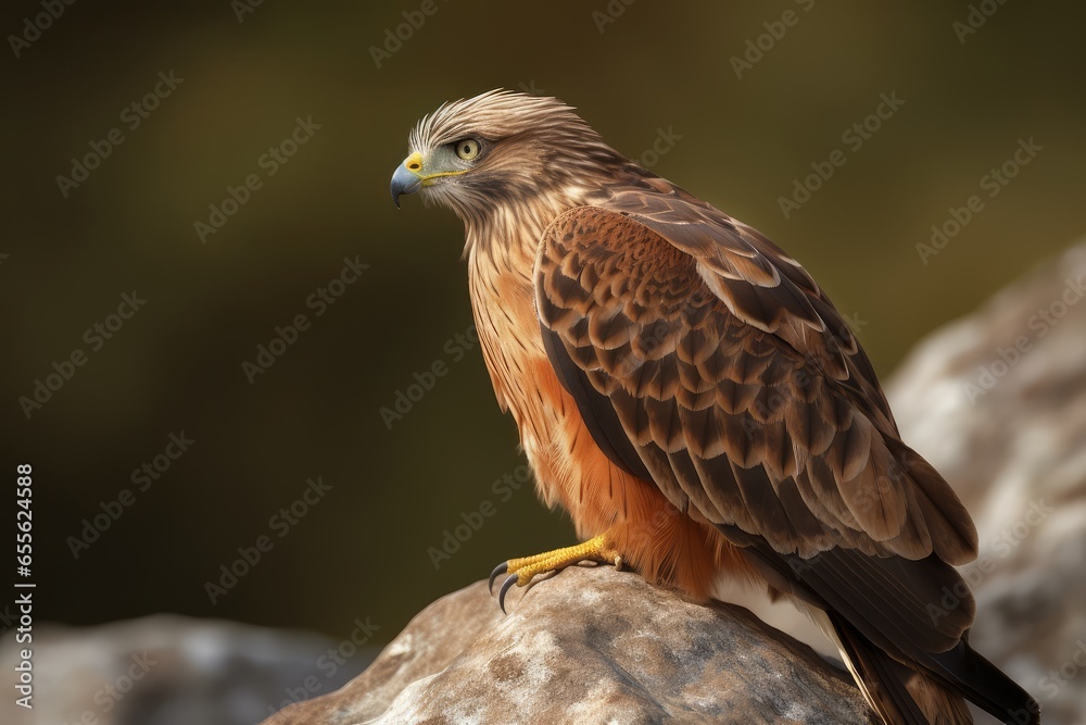 A majestic bird of prey perched atop a rugged rock formation A majestic bird of prey perched atop a rugged rock formation