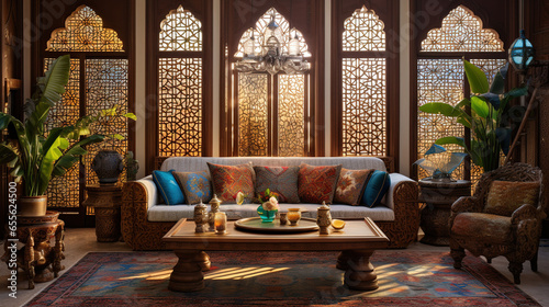 Living Room Moroccan with Mosaic Tiles and Wooden Furniture