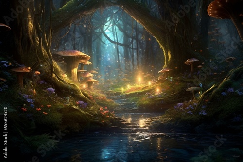 Enchanting woodland scenery, filled with radiant illuminations. Generative AI