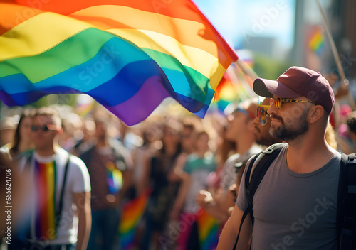 Young People protest of LGBTQ holding rainbow flags. Generative AI