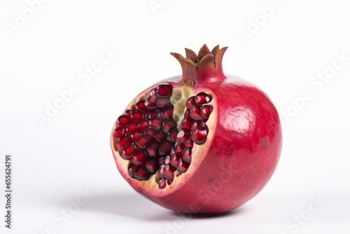 A sliced pomegranate on a clean white background