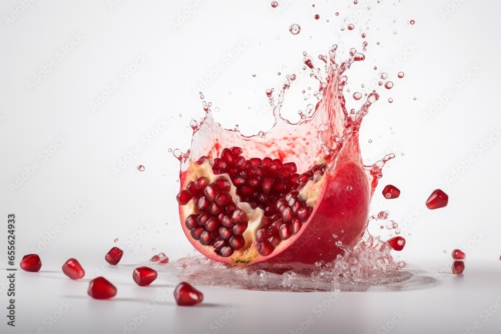 A pomegranate splashing into water on a clean white background A pomegranate splashing into water on a clean white background
