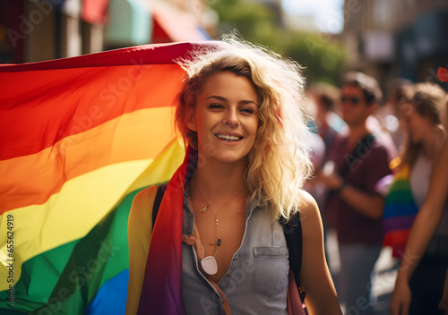 Young People protest of LGBTQ holding rainbow flags. Generative AI