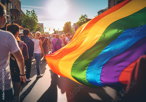 Young People protest of LGBTQ holding rainbow flags. Generative AI
