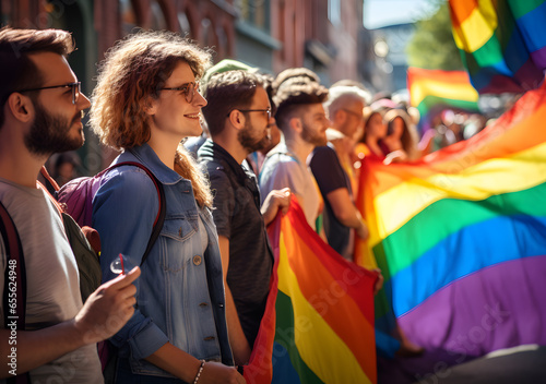 Young People protest of LGBTQ holding rainbow flags. Generative AI