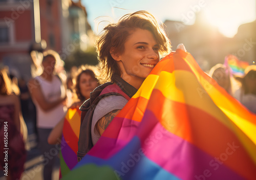 Young People parade for LGBTQ. Diversity and rainbow flag. Support or solidarity concept. Generative AI