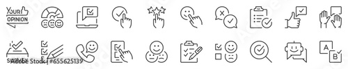 Satisfaction surveys, thin line icon set. Symbol collection in transparent background. Editable vector stroke. 512x512 Pixel Perfect.
