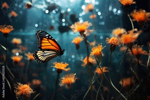 butterflies fluttering towards a blooming flower