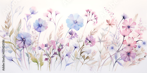 A gentle pastel flower and leaves watercolor wash featuring soft hues of pink, blue, and lavender with offers a soothing and artistic touch, perfect for creative projects © MarkVincent