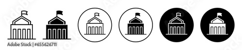 City hall building icon. Government building or embassy house symbol set. City or town parliament hall building vector sign. High court or education institute council line logo. college university set photo