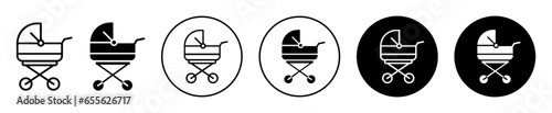 Baby Carriage Icon. Newborn babies stroller cart symbol set. Toddler baby carriage stroller buggy vector sign. Baby carrying trolley pushchair line logo