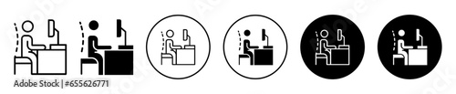 posture proper on office chair Icon. Correct posture or seating position to care and support backbone from fatigue symbol set. Right desk or office chair with body and neck spinal position vector. 