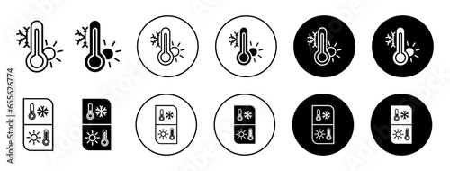Weather temperature thermometer line icon. High climate temperature measuring instrument symbol set. Weather thermostat to indicate degree of temperature vector sign. Thermometer tool line logo. 