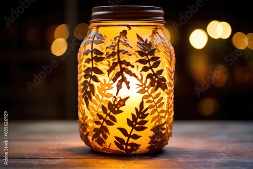 mason jar lantern decorated with leaf cutouts