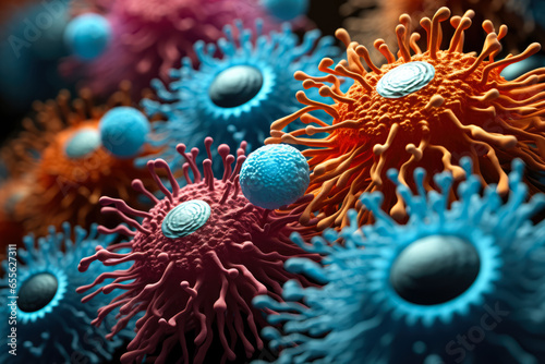 Extreme close-up imagery depicting detailed structures of viruses under microscope 