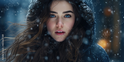 Young woman in warm clothes outside in the snow